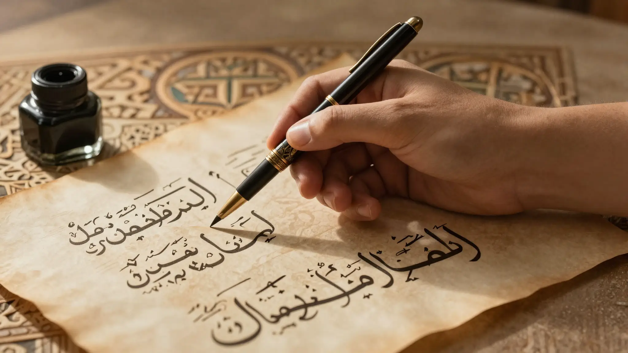 مخطوطة بخط عربي أنيق مع قلم قصبي ومحبرة تعبّر عن جمال اللغة العربية وتراثها